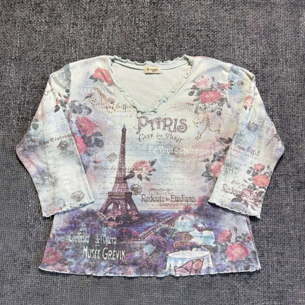 Cactus Paris Graphic Tee Women Small Blue Y2K Postcard Rhinestone Lettuce Trim
